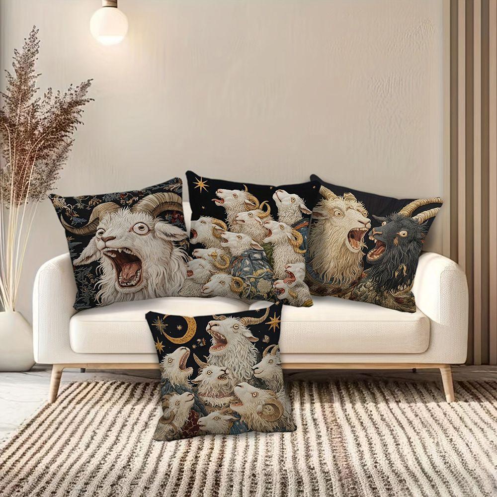 A Set of Four-piece Pillow Cases with a Fancy Goat Pattern, a Creative Print That Creates a Unique Artistic Atmosphere In the House
