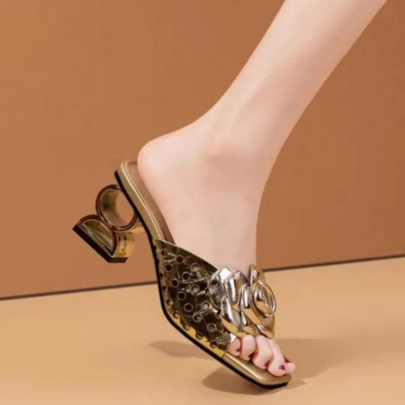 

Fashion Women s High Heels Fashion Square Toe Open Toe Flower Cutout Flip Flops Summer New Shaped Heel Fish Mouth Sandals 40 золотой
