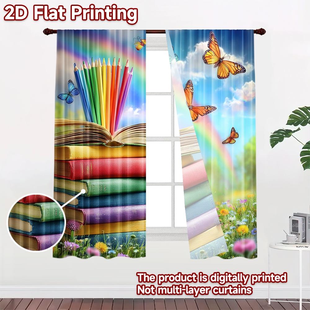 2D Flat Printing 2pcs Curtains Colorful Books Butterflies Rainbow School Supplies Digital Printed Polyester Drapes Family Party