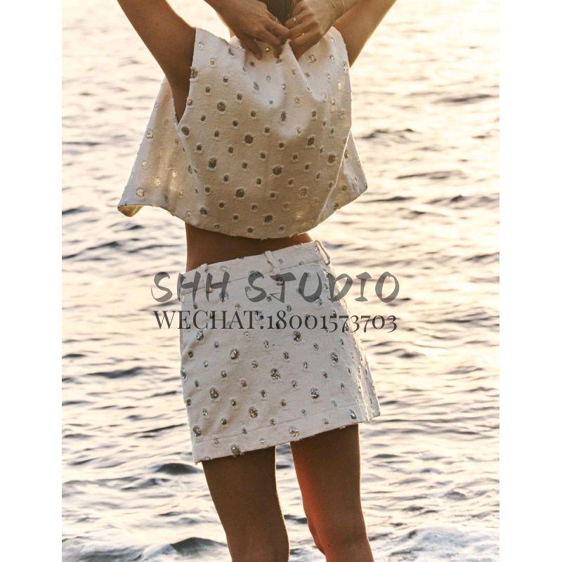 Spring New Luxury Sleeveless Beads Decoration Cardigan Vest 1689121 Fashion High Waist Culottes 1689021