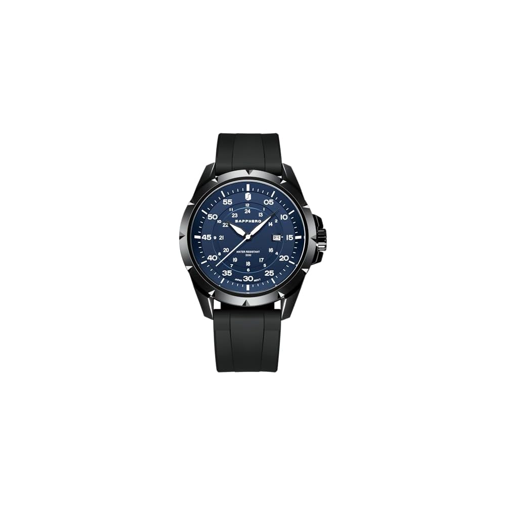 SAPPHERO Men s Analog Watch 50M Waterproof Luminous Silicone Band Date Display Black Band Blue Dial