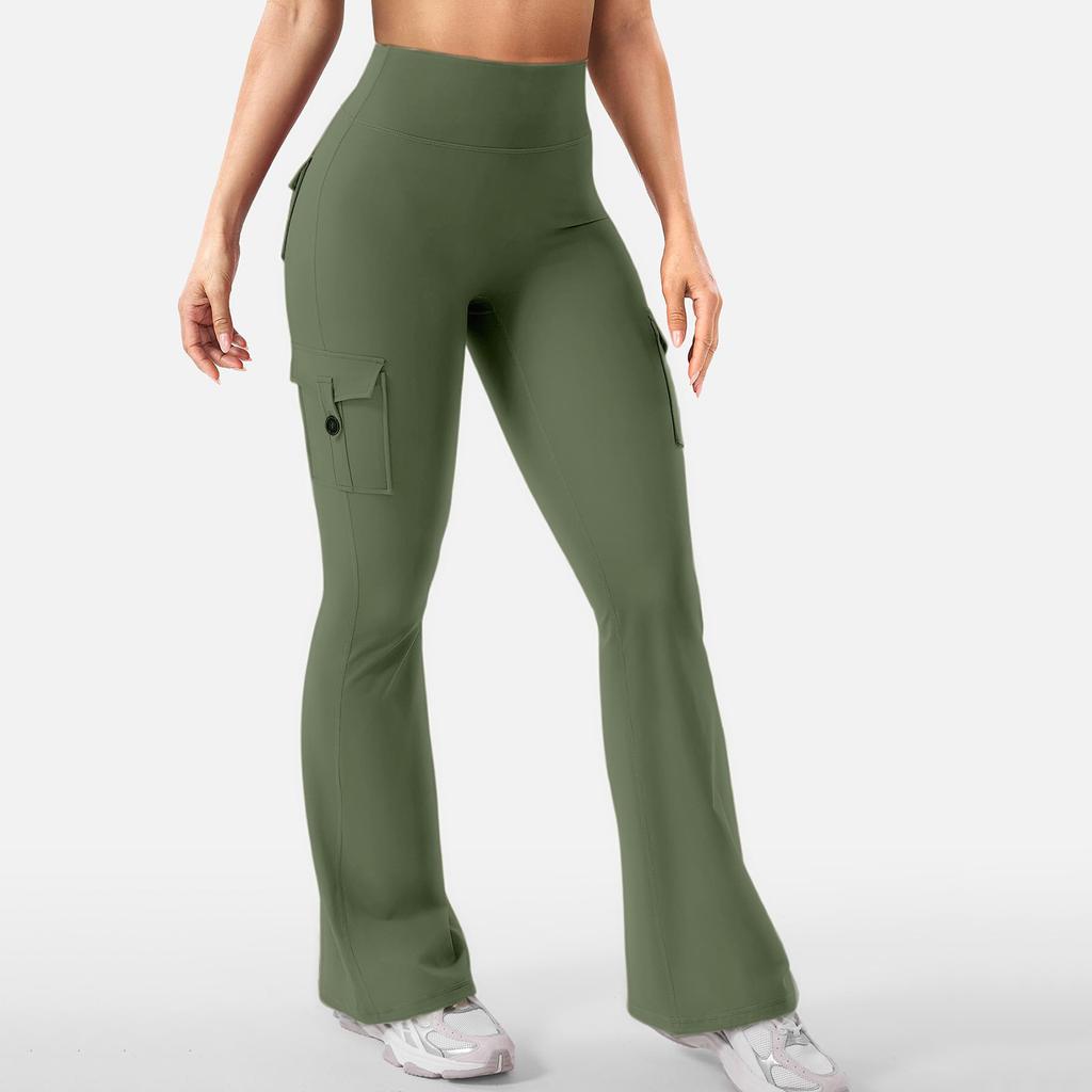 Women's Sports Flared Leggings With Pockets, Stretchy High-Waisted Workwear Yoga Pants