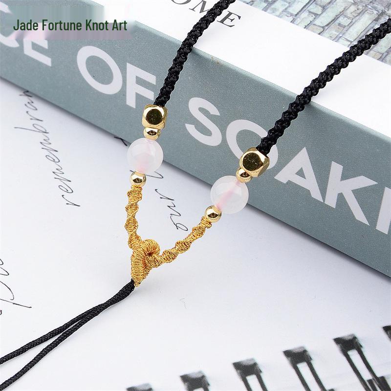 Gold Thread Hand-Woven Acacia Bean Agate Pendant Rope with Jade Amber Necklace