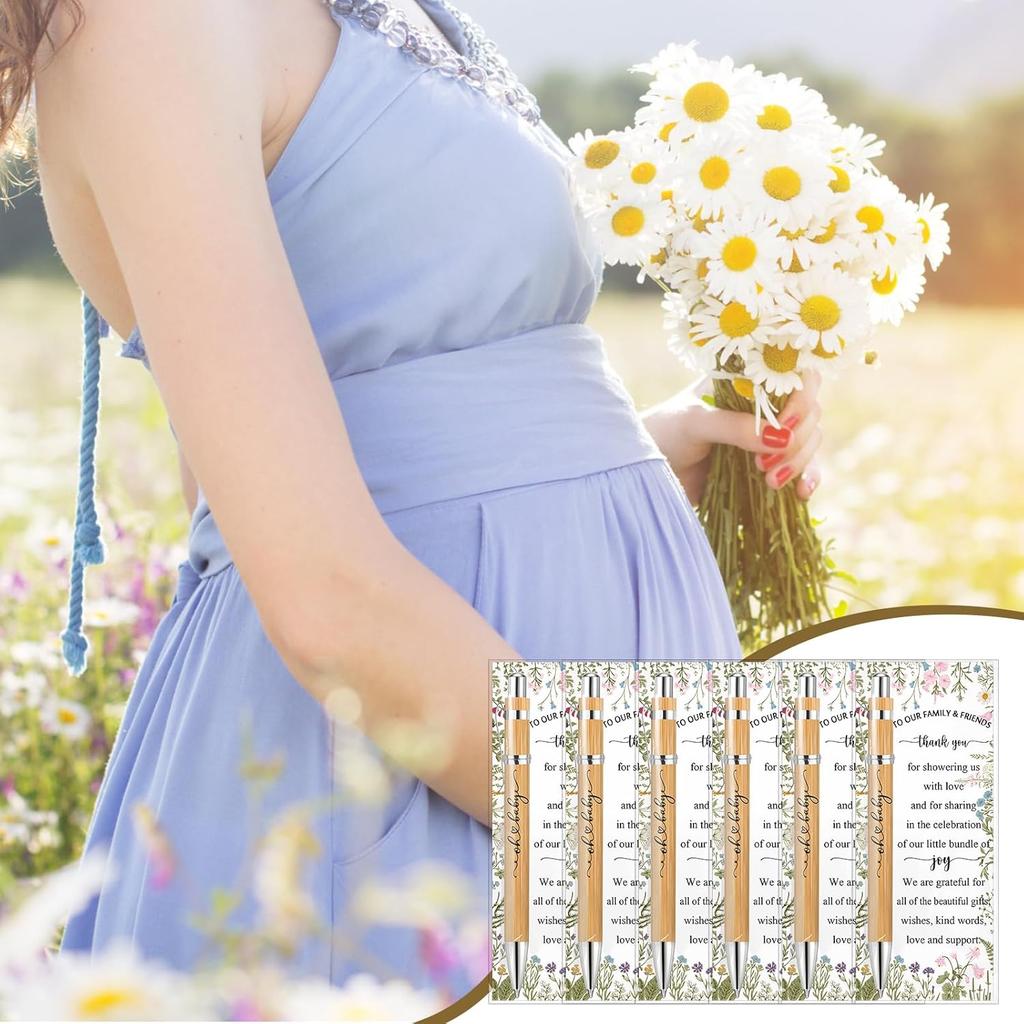 Zhanmai 50 Sets Baby Shower Pens Gifts Bulk Baby Shower Favors for Guests Sage Greener Woodland Bamboo Ballpoint Pens with Cards for Gender Reveal