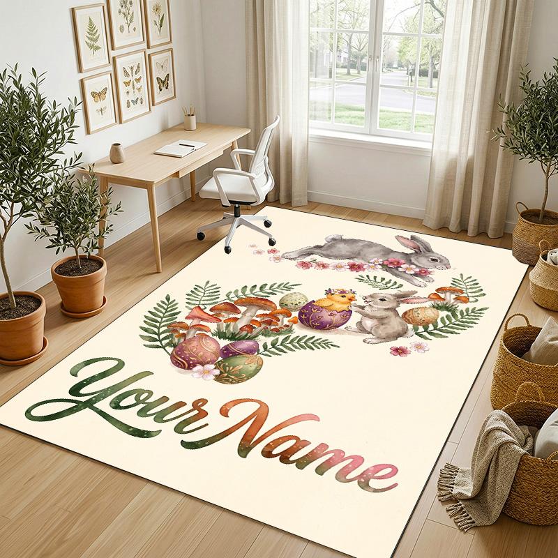 Easter Bunny Theme Crystal Velvet Rug Personalized Custom Name Text Soft Floor Mat Home Decor