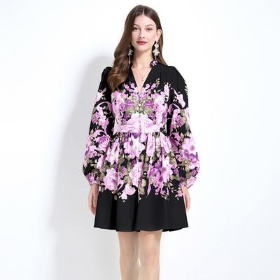 Spring Autumn Women V-neck Print Mini Short Chic Beach Holiday Dresses