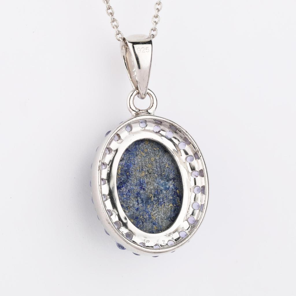 925 Sterling Silver Lapis Lazuli Pendant with Tanzanite Accents Oval 16x12mm Rhodium Fine Jewelry Gift for Her