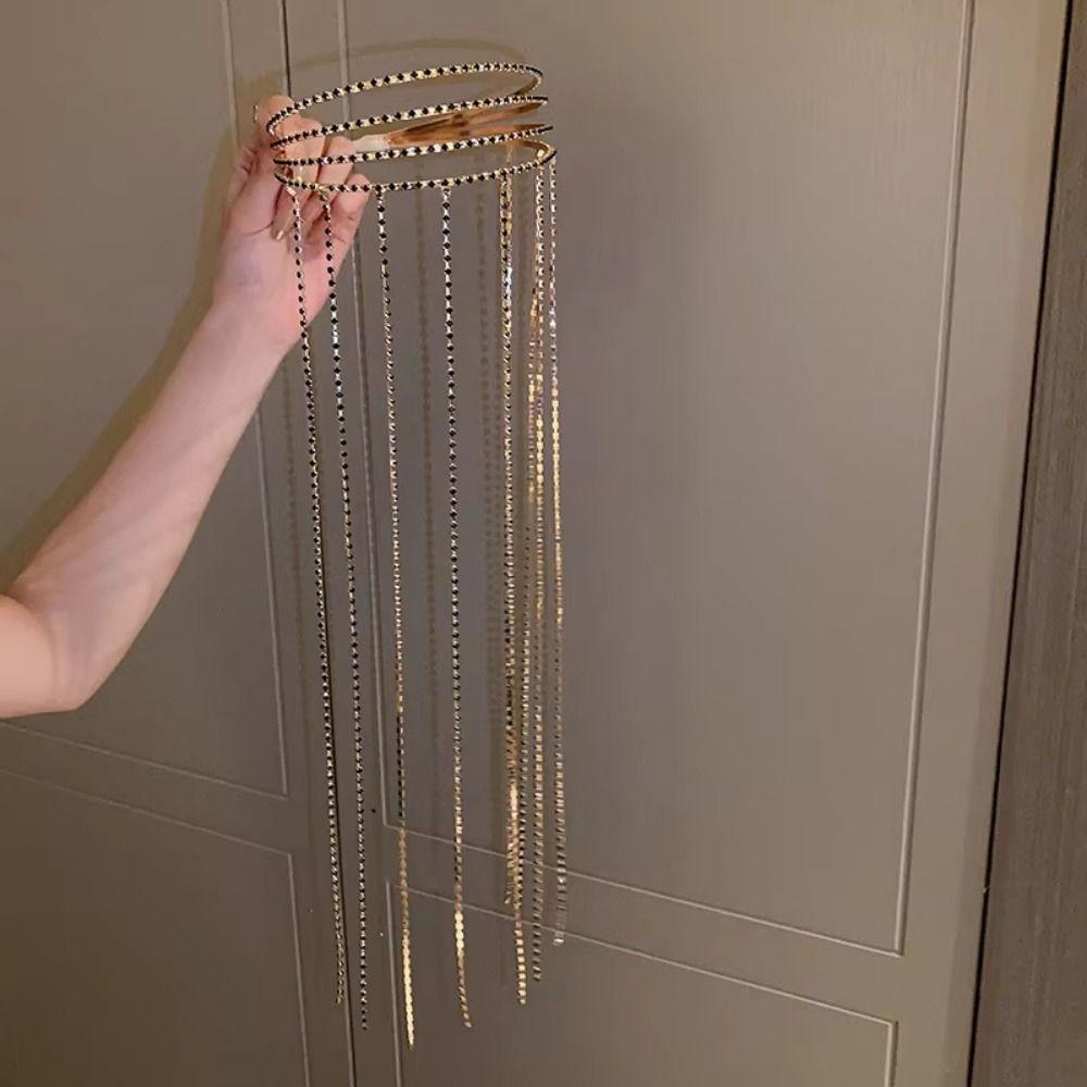 Exaggerated Design Rhinestones Tassel Headband Luxury Shiny Hair Accessories Daily Wear