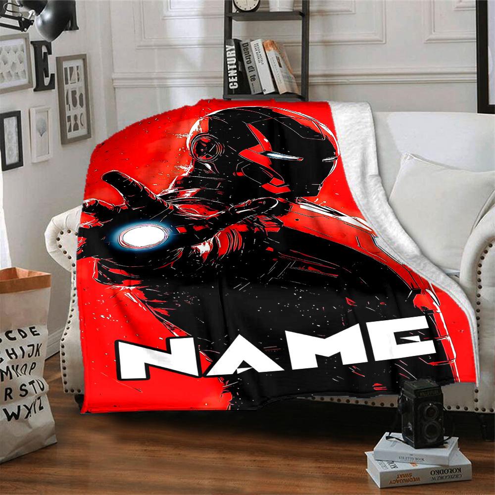 Iron Man In Action With Glowing Repulsors And A Futuristic Background Throw Customizable Blanket Customize Text Warmthful Decor For Sofa Couch Office