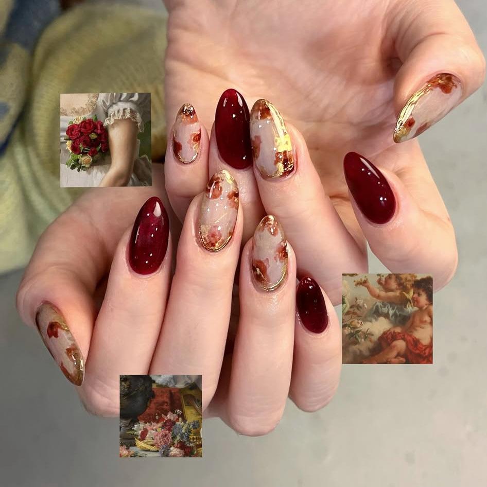 24PCS Retro Oil Paintings Patterns Almond False Nails with Glue Cute Sweet Garden Girl Stick On Nails Detachable Fake Nails Tips