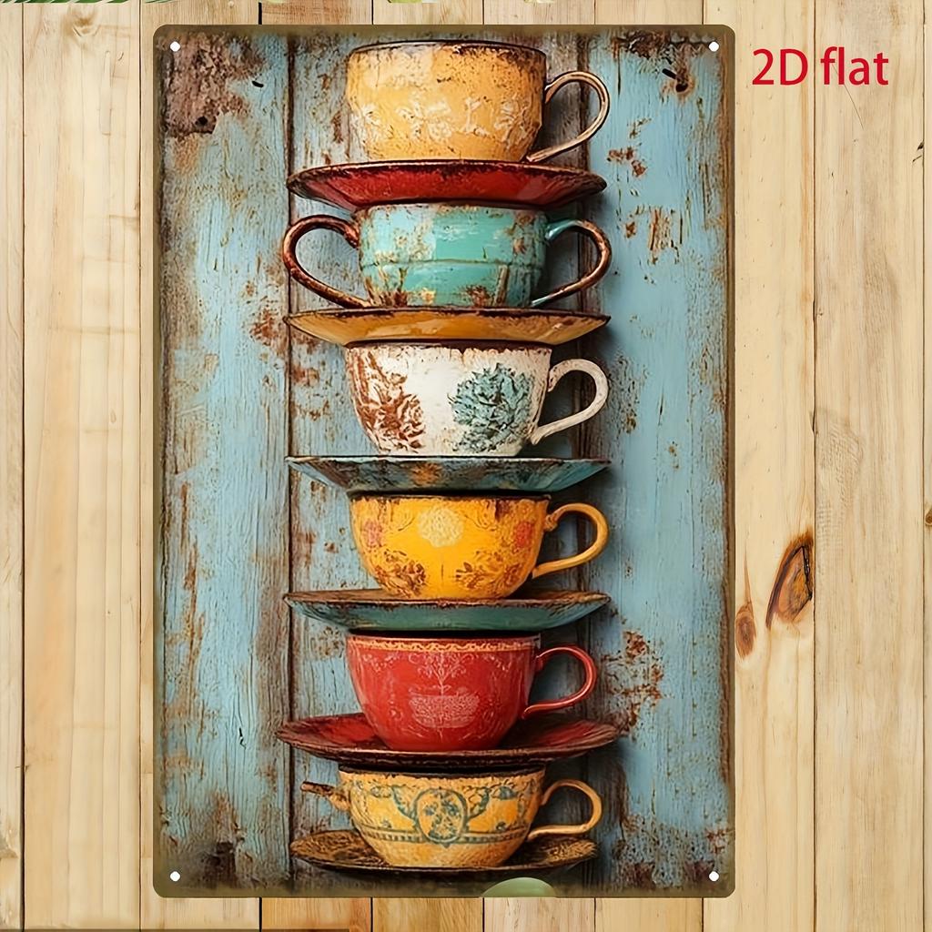 Vintage Metal Sign Plaque Retro Stackable Cup and Saucer Tin Painting American Country Style Wall Decor Hanging Artwork