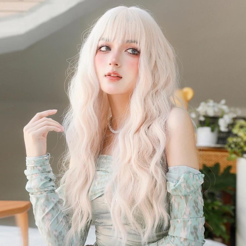 WIGS Long Wavy White Pink Wig for Women Daily Party Synthetic Light Blonde Wigs with Bangs Costume Lolita Wig 26 Inch