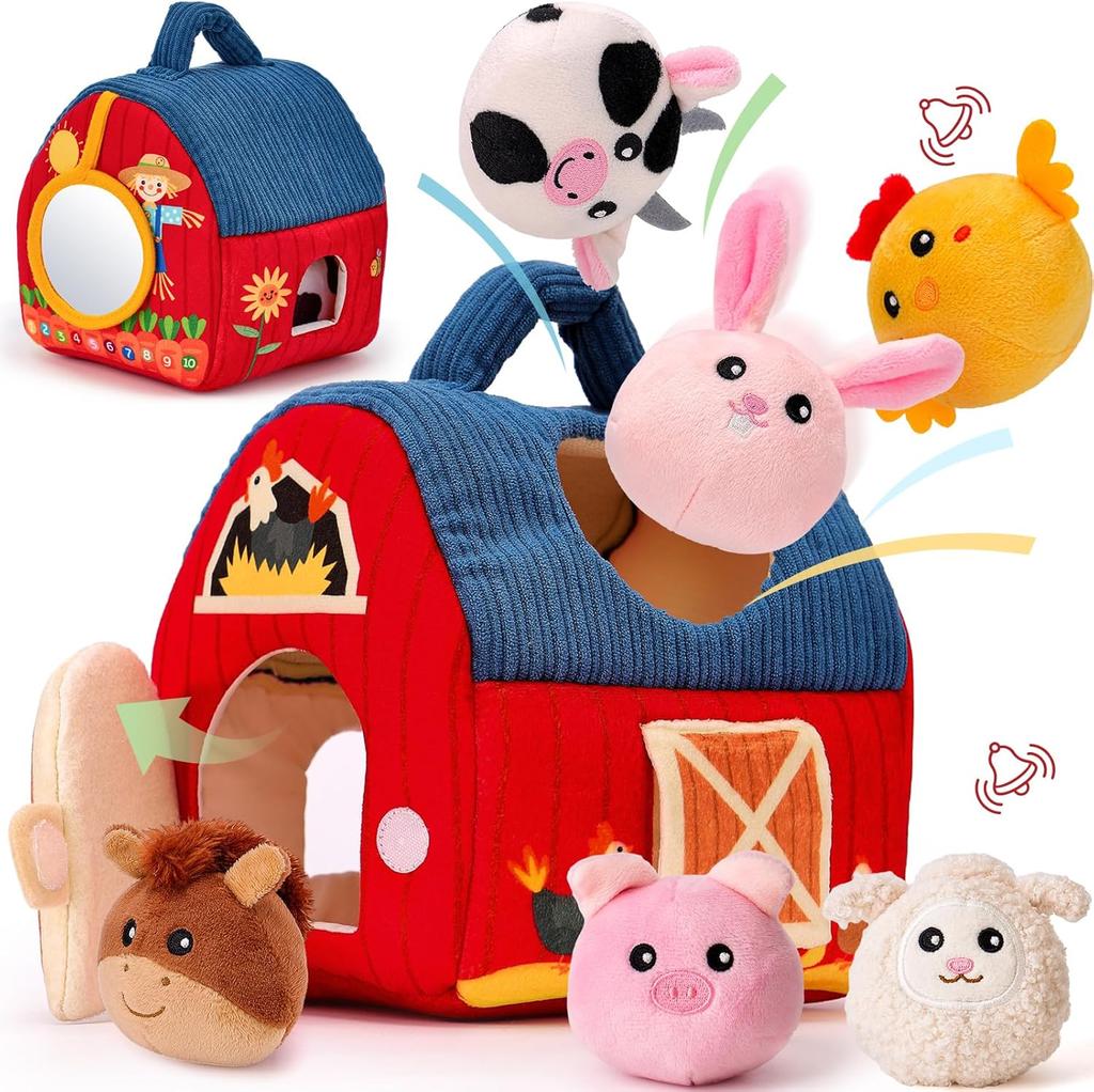 Baby Toys 6-12 Months, Barn Toys with Stuffed Farm Animals for Toddlers 1-3 Baby Plush Beehive wtih Rattles Squeaker Mirror