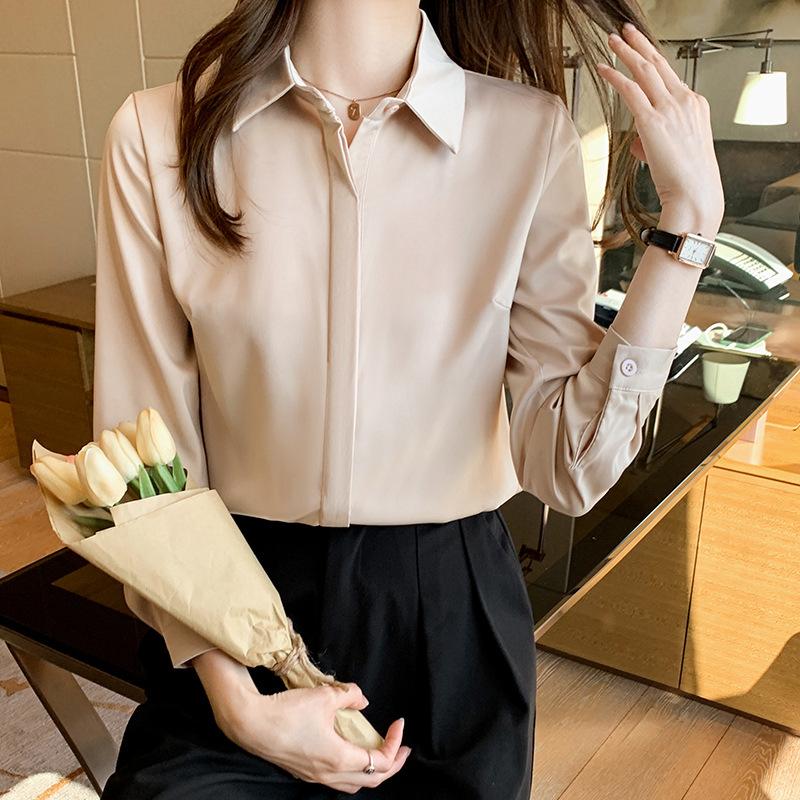 Gray Blue Satin Shirt for Women 2025 Long Sleeve Spring Versatile Hidden Placket Hong Kong Style Draping Commuter Chic Mature Blouse Top