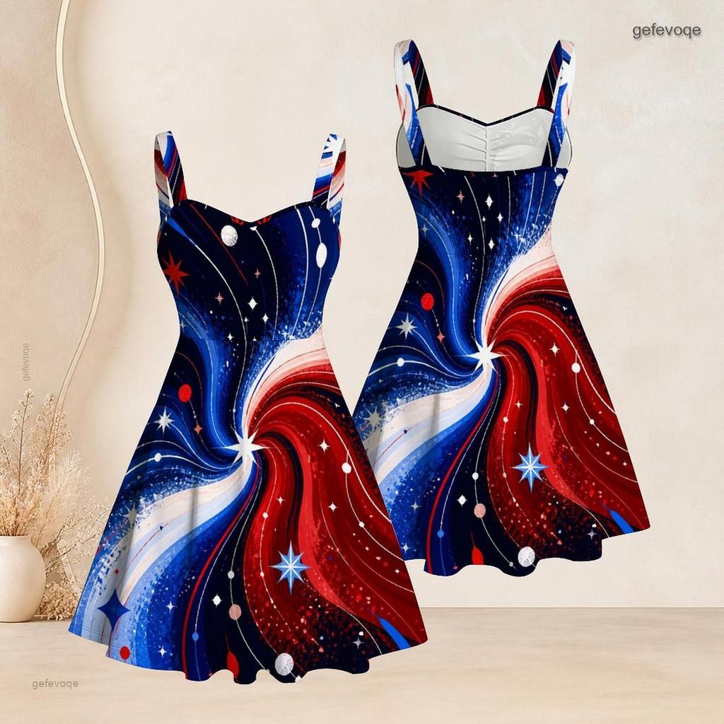 Women Plus Size Square Neck Sleeveless Strappy Dress American Eagle Flag Printed Fitted Waist Flared Hem
