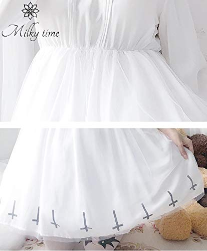 Milky Time Women's Dark Gothic Lolita Dress with Hexagram Design, Halloween Costume (White, Short Sleeves, Size M)
