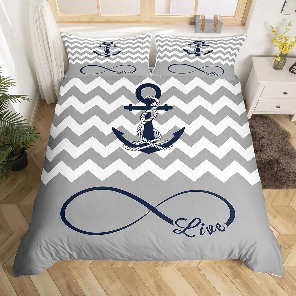 Nautical Anchor Pattern Duvet Cover Set King,Geometric Stripes Ocean Adventure Theme Quilt Navy Blue and Red Bedding Set 3pcs