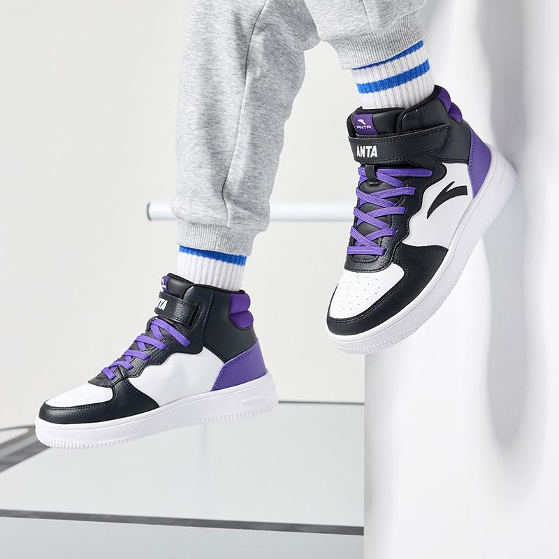 Anta Kids Casual Comfortable Non-Slip Shock Absorbing Wear-Resistant High-Top Sneakers Kids Sneakers White Black Purple A33038015J-4