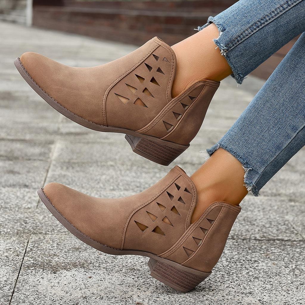 New hollow thick heel round head low top new vacation daily ankle boots