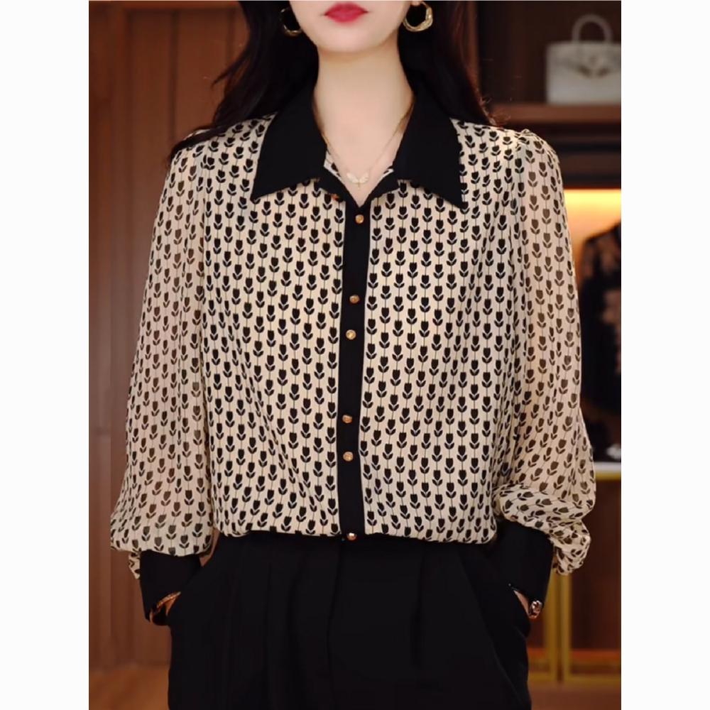 Cămașă cu rever temperamentală, florală, nouă modă de primăvară, cămașă versatilă cu mânecă lungă, patchwork, pentru femei, pentru a reduce vârsta și a arăta mai slab