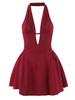 Elegant French-Inspired Backless V-Neck Halter Dress with Pleats and Wide Hem