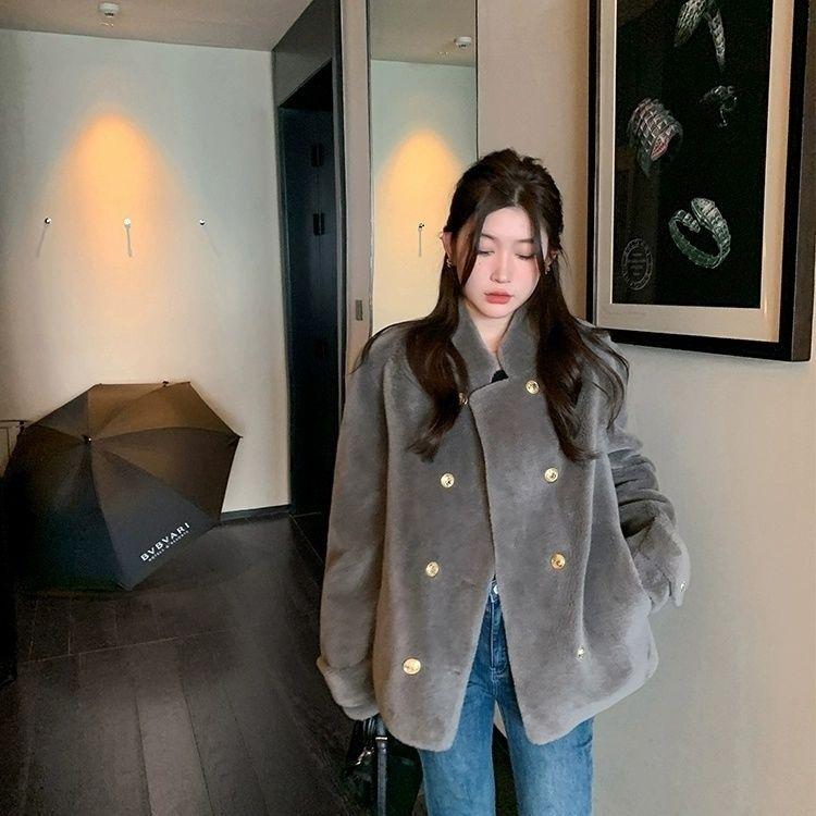 New fur integrated winter sheep shearing imitation fur coat stand-up collar thickened imitation mink double-breasted warm