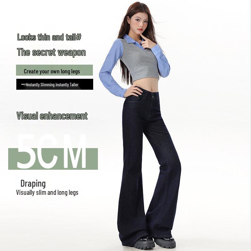 Women's 2025 Denim Blue Flare Jeans, Double Button, Slimming Floor-Length with Unique Back Pockets, Early Autumn Design.
