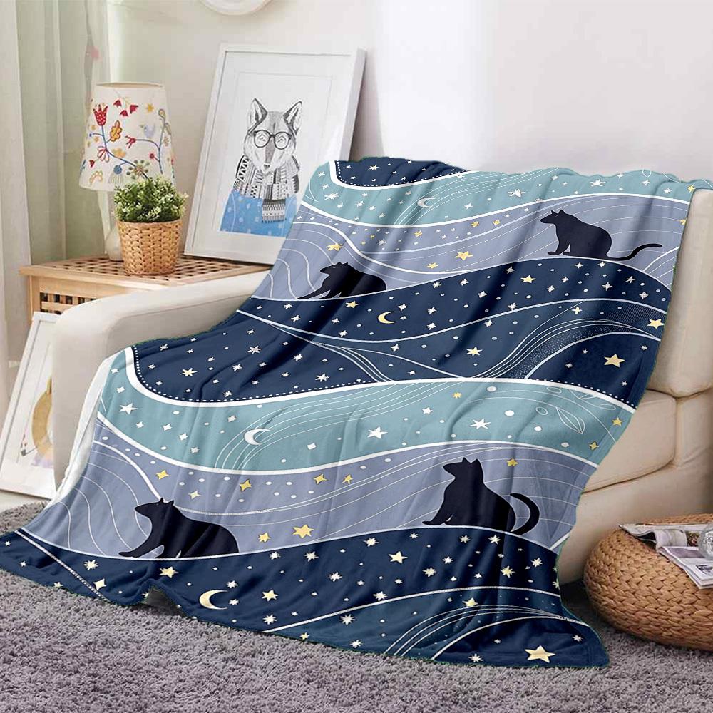 1pc Night Cats Lightweight Flannel Blanket, Comfortable and Warm Blanket, for Office and Camping Sofa Bed, Livingroom172