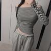 Elegant Korean One-Shoulder Striped Slim-Fit Cropped Long-Sleeve Top