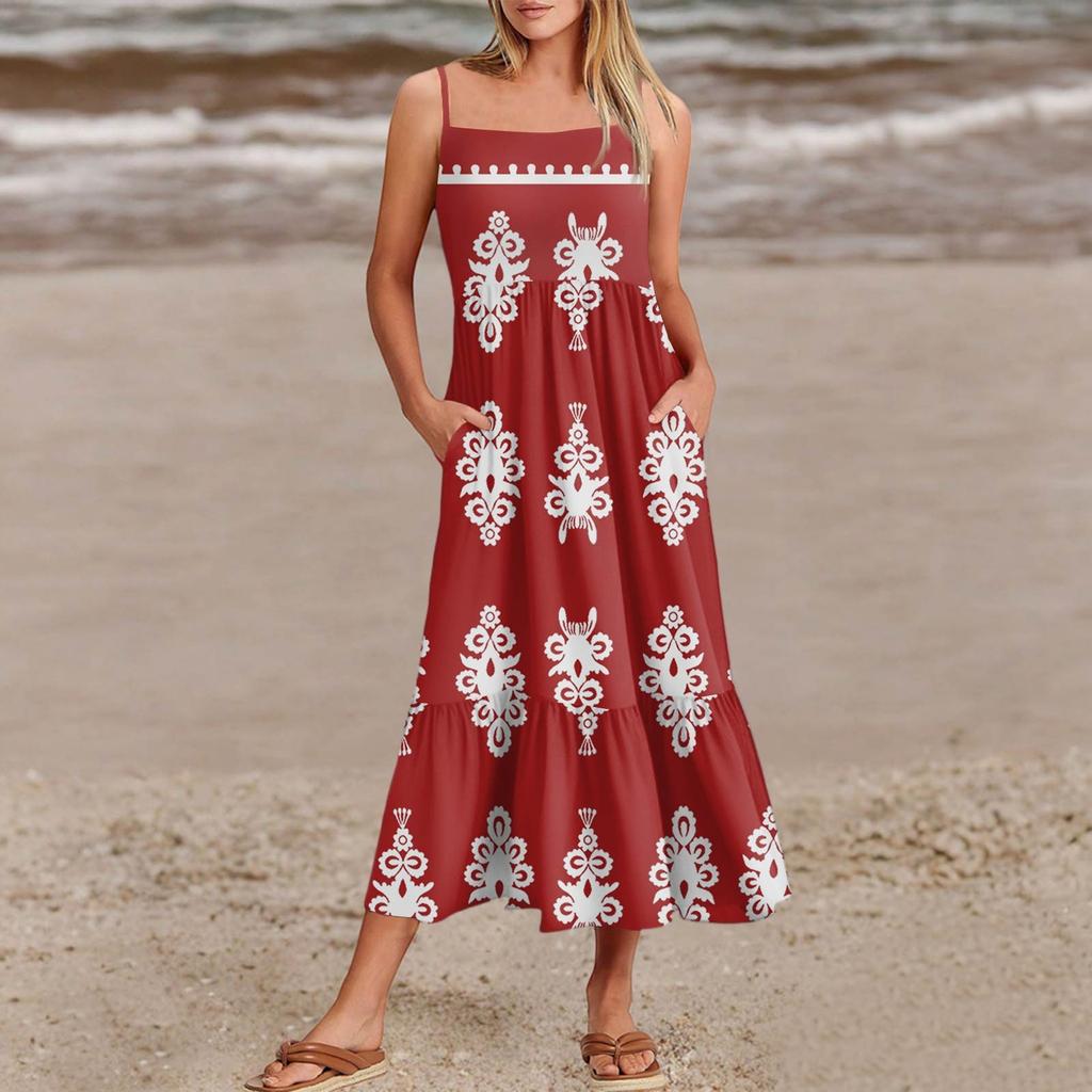 Women's Summer Spaghetti Strap Patchwork Beach Vacation Vintage Dress With Pockets