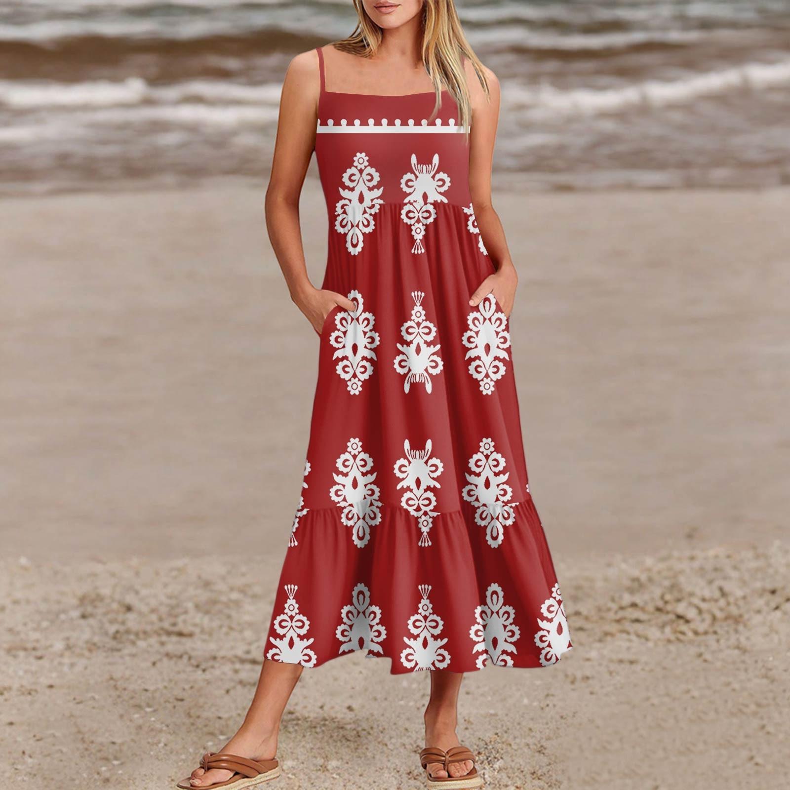 

Жіноча літня сукня на бретелях-спагеті, печворк, пляжна, вінтажна, з кишенями L червоний