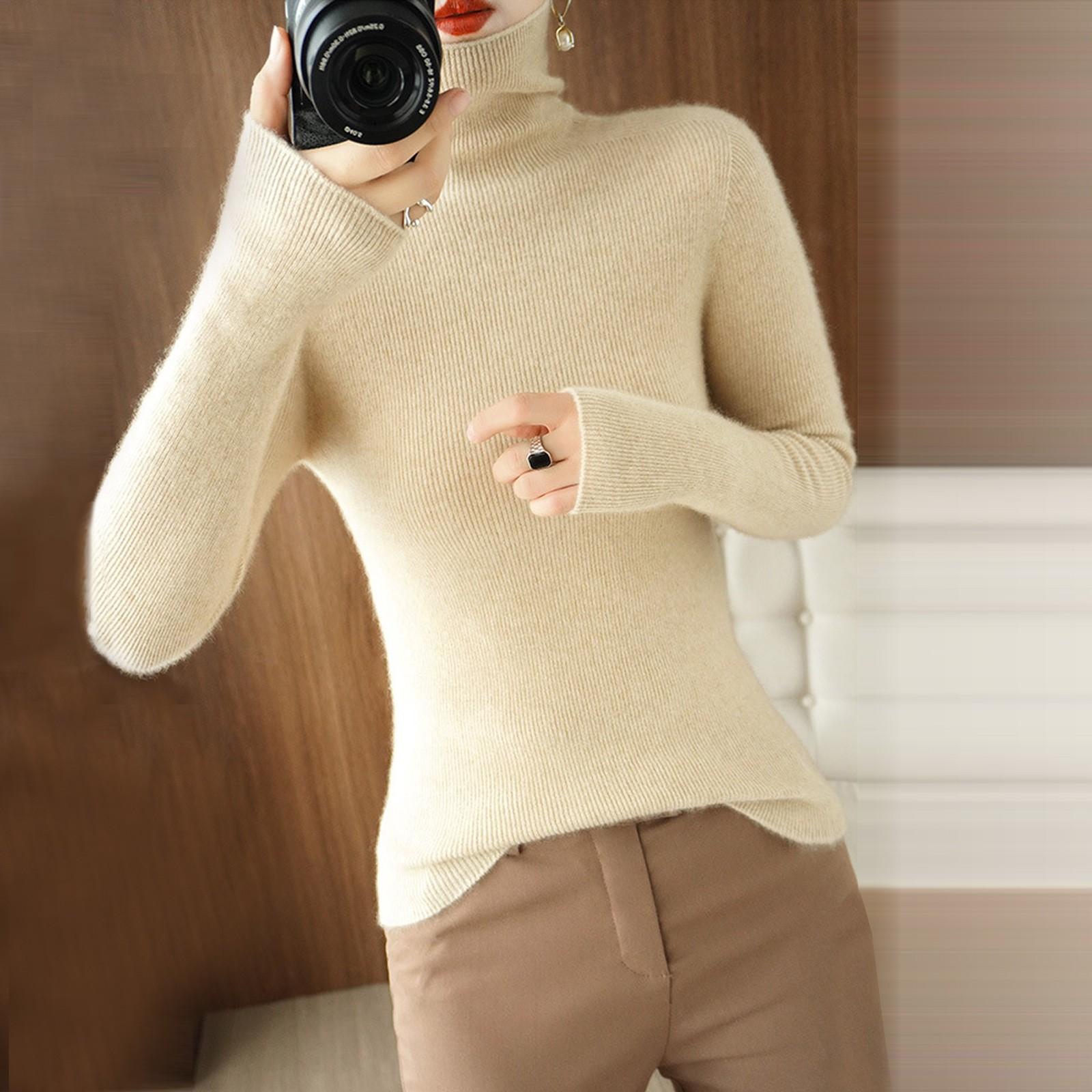 Женские модные однотонные теплые трикотажные свитера с длинными рукавами и воротником-стойкой зимние L бежевый 1584₽