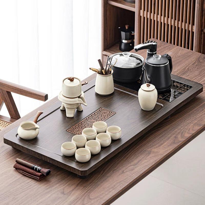 Jiakangming Ru Kiln Ceramic Tea Set with Auto-Heating Kettle & Wooden Tray