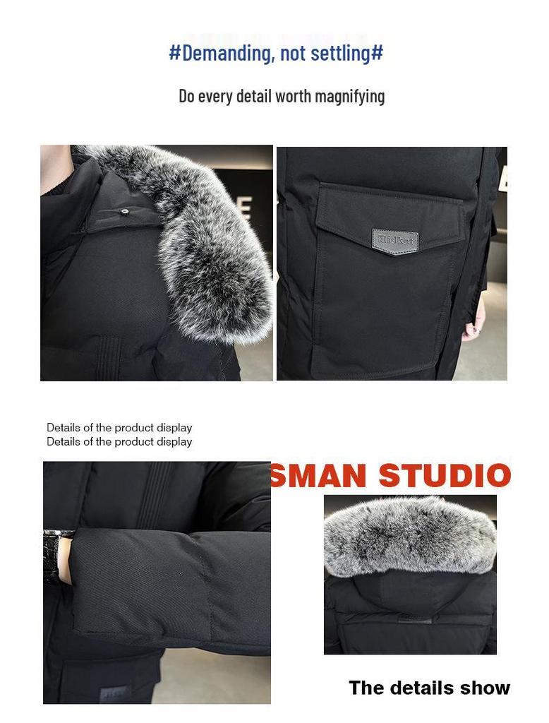 Men's Plus Size Casual Mid-Length Cotton Jacket with Fur Collar Hooded, Thickened for Warmth, High Quality