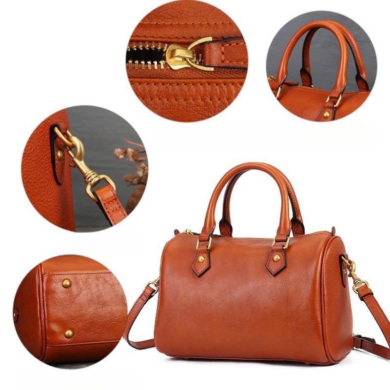 Genuine Leather Women's Bag Vintage Tote Commuter Bag Boston Bow-top Cowhide Crossbody Bag