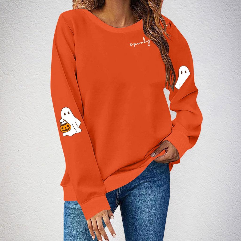 Women's Halloween Ghost Print Fleece Lined Crew Neck Sweatshirt, European Sizes S-3XL - Long Sleeve Casual Sportswear