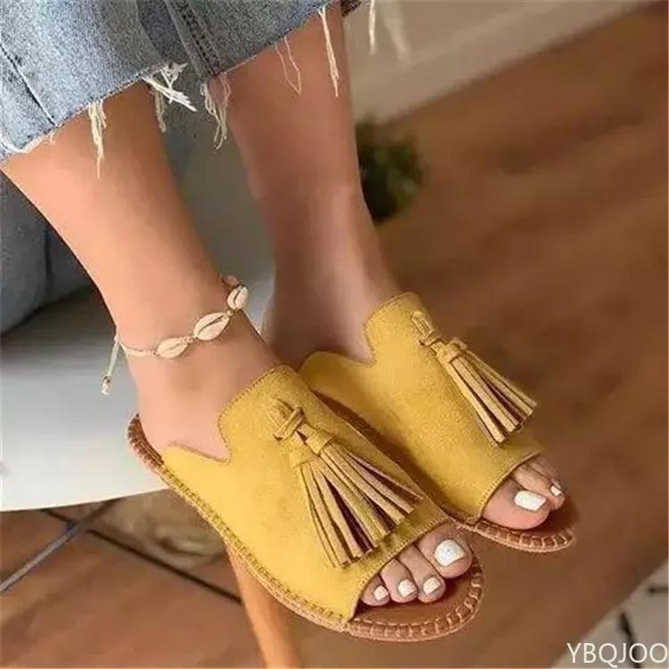 Women's Flat Sandals 2025 Resorts Handmade Tassels Wholesale Summer Shoes for Women Retro Design Female Slides Mules Size 41-43