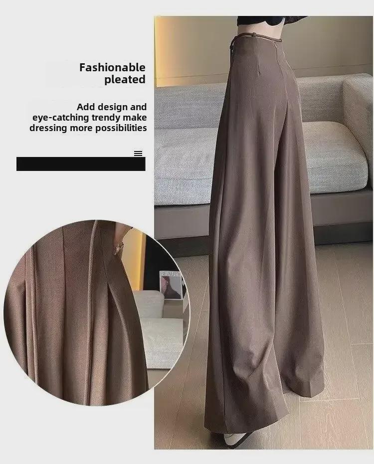 High-Grade Gray Wide-Leg Floor-Length Lace-Up Belly-Control Casual Pants for Women