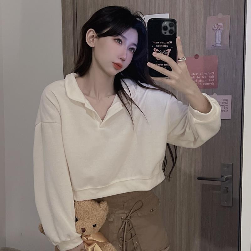 Fall Wear Preppy Polo Neck Hoodie For Women Simple Solid Color Loose And Versatile Short Crop Top