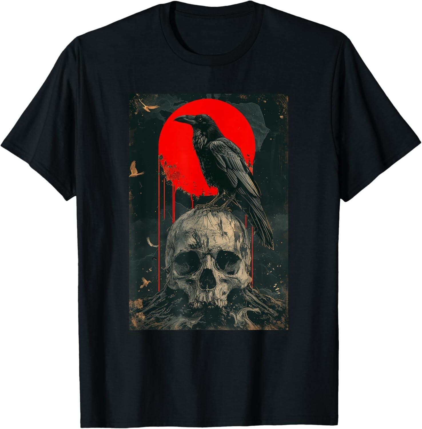 Red Moon Black Gothic Raven Skull Graphic Black Crow T-Shirt XXL