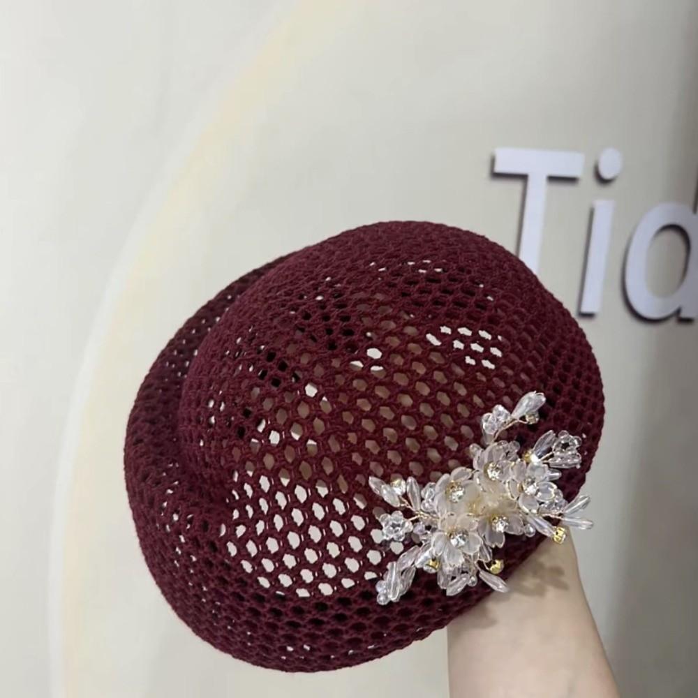 Korean Floral Painter hat French Women Knit Fabric Cap Versatile Hollow Out Beret Spring
