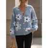 V Neck Long Sleeve Flower Pattern Knit Cardigan Sweater