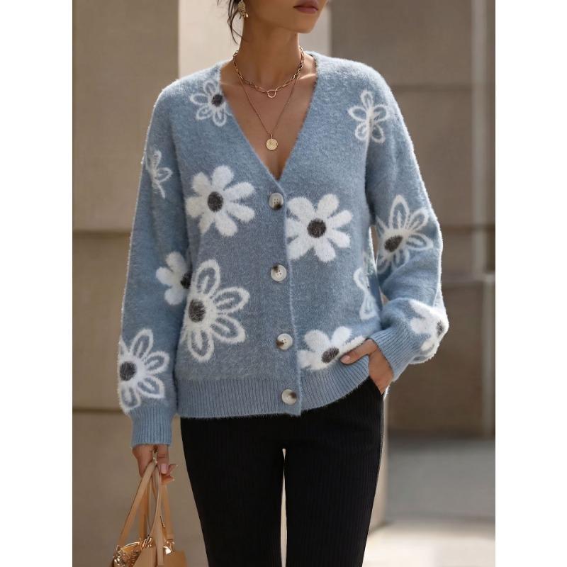 V Neck Long Sleeve Flower Pattern Knit Cardigan Sweater