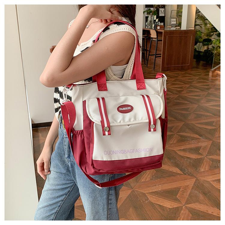 Japanese Style Color Block Canvas Tote Bag for Students, Large Capacity Book Shoulder Bag with Handles, Casual School Commute Handbag