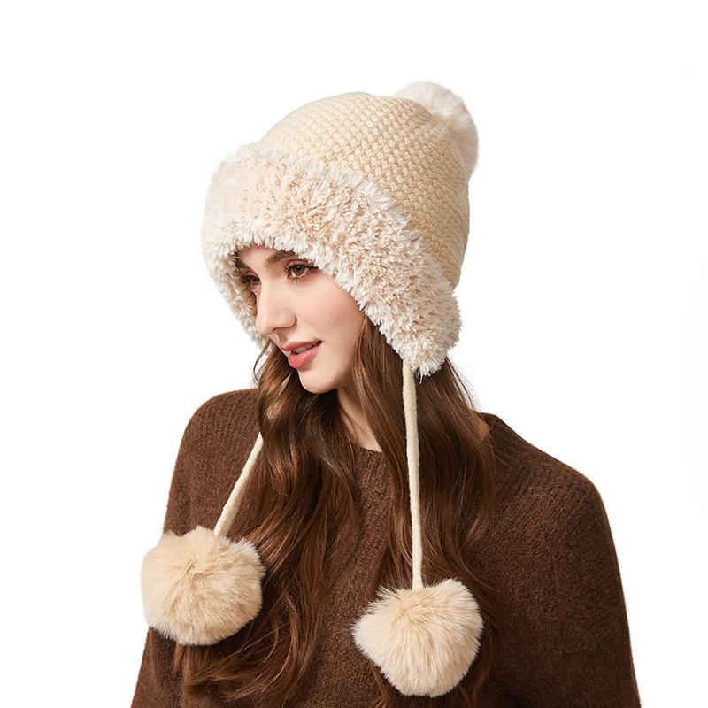 Cashmere Thick Knitted Hat Women's Warm Three-Ball Pullover Cap Outdoor Cold-Proof Ear Protection Plush Cap