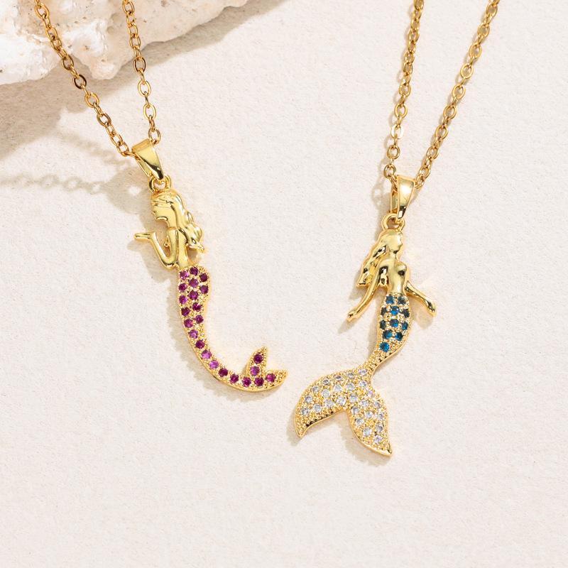 Nautical Copper Zircon Mermaid Tail Pendant Clavicle Chain Jewelry