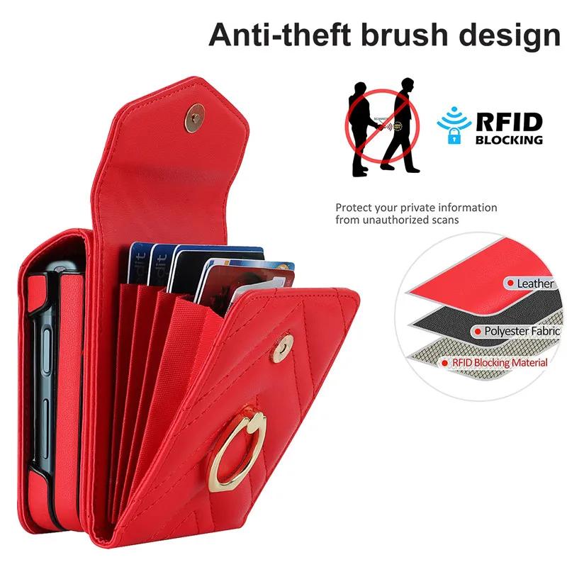 Lanyard Leather Wallet Card Phone Case for Samsung Galaxy Z Flip 7 6 5 4 3 Flip6 Flip5 Flip4 Flip3 Crossbody Ring Holder Cover