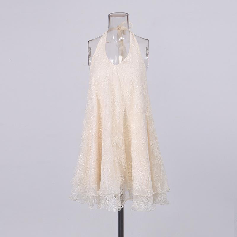 Elegant and sophisticated lace embroidered halter loose wide hem backless short dress, new summer women's dress