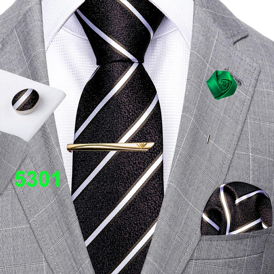 Barry.Wang Men Green Ties Silk Black Necktie Tie Clip Boutonniere Hanky Cufflinks Set for Business Wedding Dating