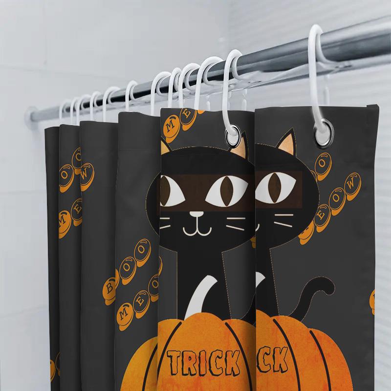 Halloween-Themed Black Cat Pumpkin Shower Curtain Set For Bathroom Decor Orange, White, Yellow Accents (No Additional Descriptio